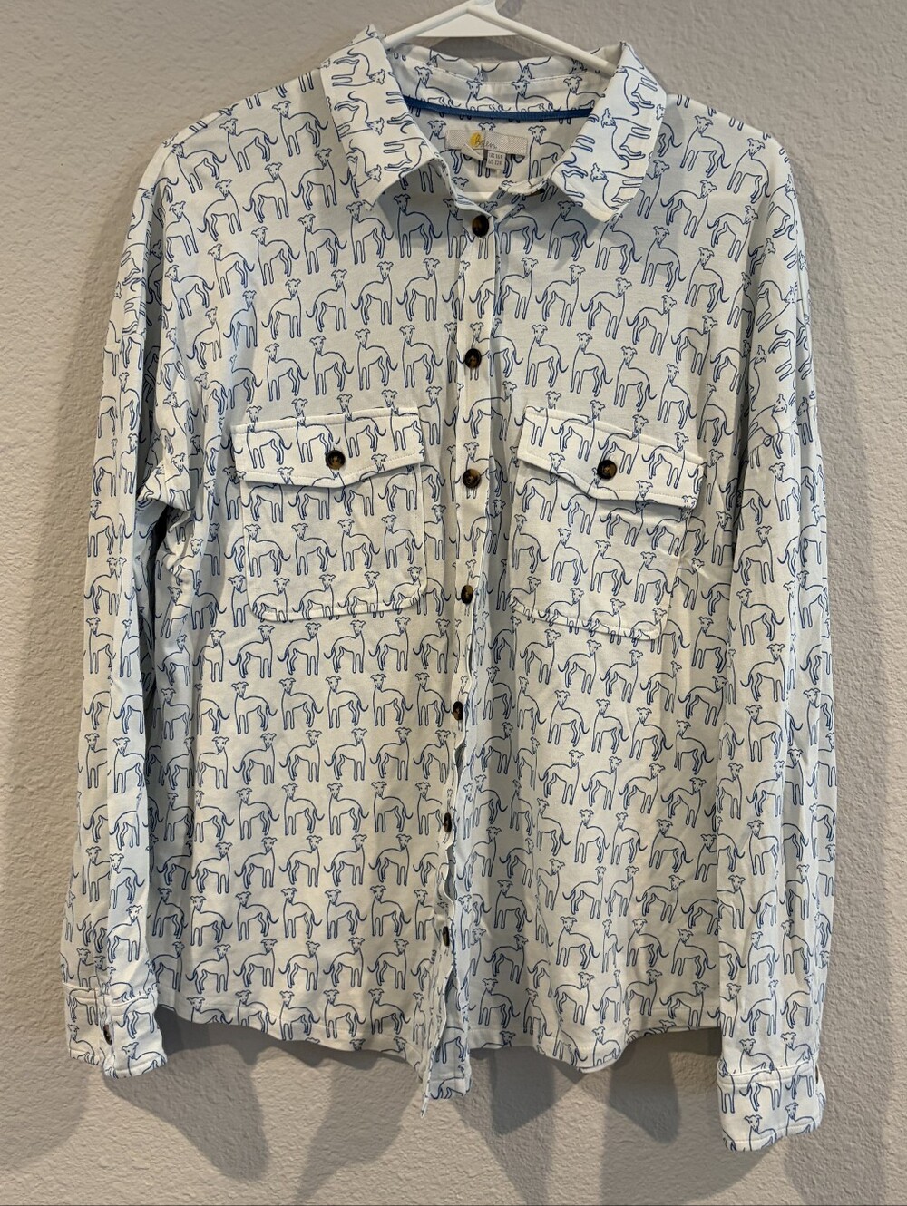 Boden Womens Clasaic‎ Casual White Blue Dog Print Button Up Pajama Shirt Size 12